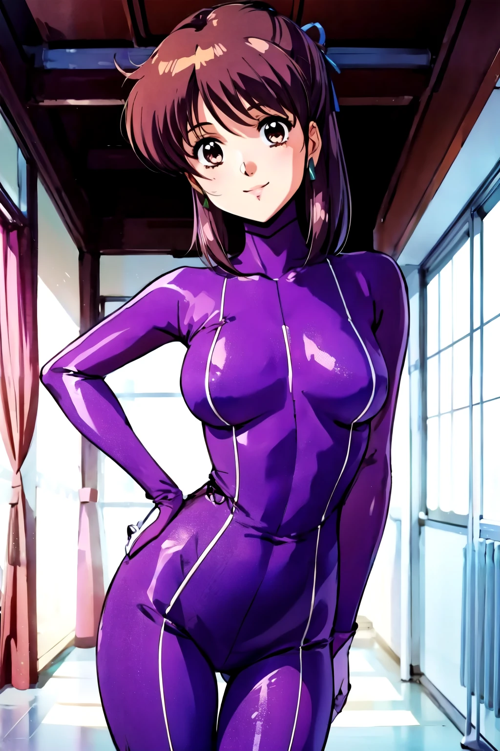 masterpiece, best quality, solo,looking at viewer,anime style,1girl,
<lora:anice2V2:1>anice2, ((purple bodysuit)),medium_hair,brown eyes,smile,