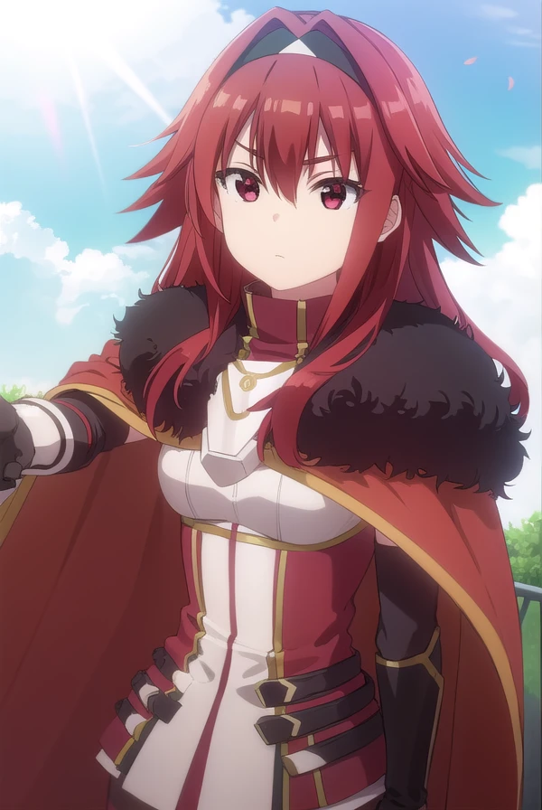 bofurimii, <lora:bofuri mii s2-lora-nochekaiser:1>,
mii, long hair, bangs, (red eyes:1.3), hair between eyes, sidelocks, red hair, hairband, black hairband,
BREAK gloves, black gloves, cape, armor, fur trim, red cape,
BREAK outdoors, forest, nature, sky, sun, clouds,
BREAK looking at viewer,
BREAK <lyco:GoodHands-beta2:1>, (masterpiece:1.2), best quality, high resolution, unity 8k wallpaper, (illustration:0.8), (beautiful detailed eyes:1.6), extremely detailed face, perfect lighting, extremely detailed CG, (perfect hands, perfect anatomy),