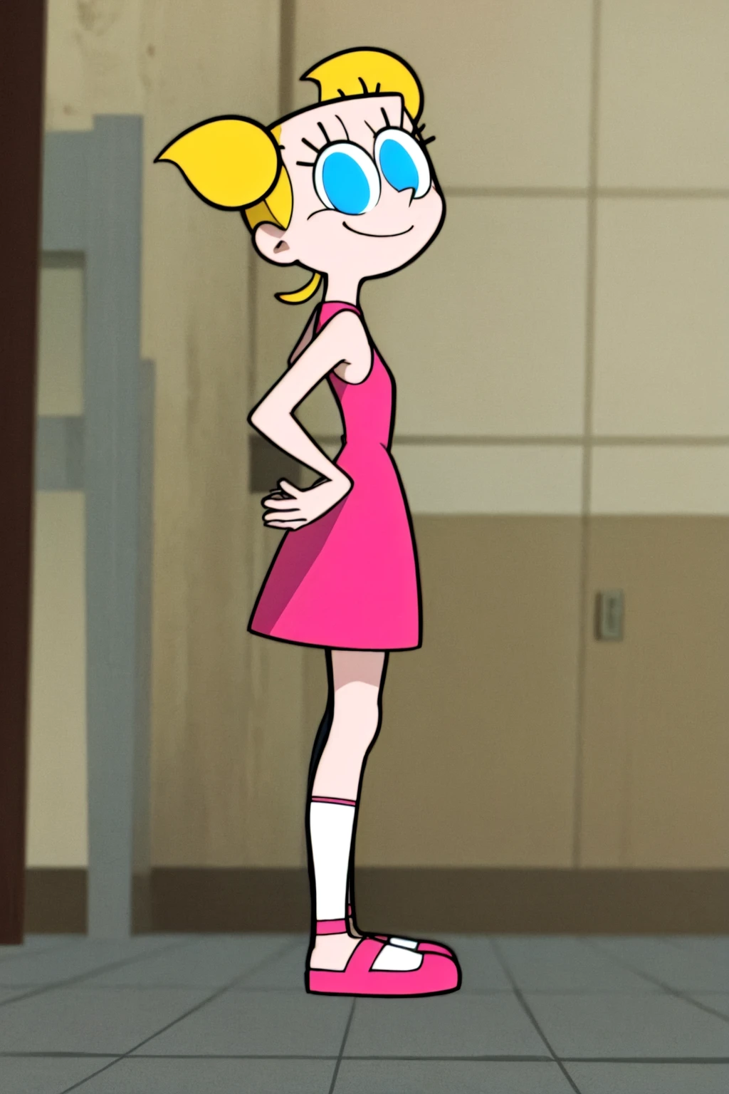 blonde hair, deedee, solo, white legwear, pink dress, twintails, blue eyes, 1girl, short twintails, smile, standing, pink footwear ,from side, <lora:deedee3.0-000008:0.5>