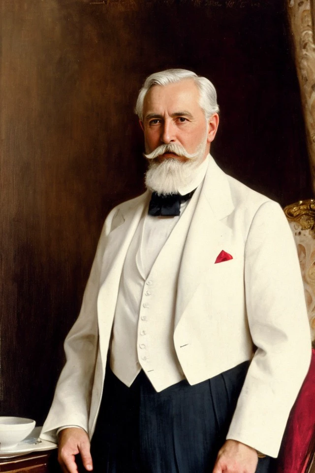 a painting of an old man by AZrn, upper body, facial hair, beard, white hair, old man, male focus, solo, formal, mustache, suit, looking at viewer, manly, upper body, white shirt, indoors, curtains, chair