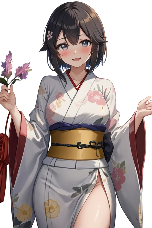best quality, masterpiece, highres, solo, {hayasui_kantaicollection:1.15}, short_hair, black_hair, grey_eyes, blush, open_mouth, smile, breasts, 1girl, japanese_clothes, kimono, looking_at_viewer, floral_print, alternate_costume, sash, yukata, hair_between_eyes, obi, simple_background, white_background