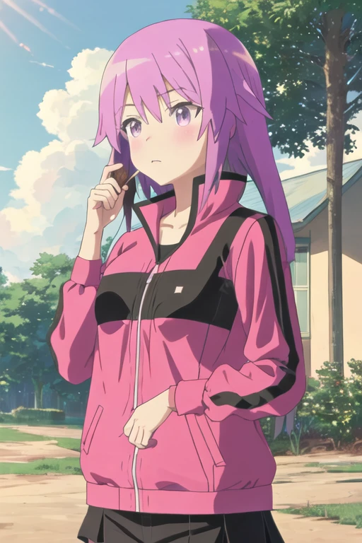 best quality, masterpiece, highres, solo, {hirasaka_yotsuyu_alicegearaegisexpansion:1.15}, purple_hair, purple_eyes, long_hair, blush, 1girl, day, outdoors, sky, tree, cloud, jacket, blue_sky