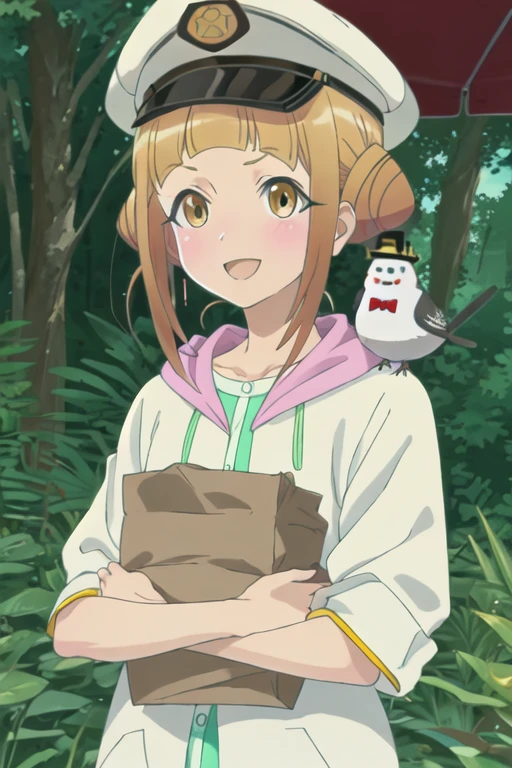 best quality, masterpiece, highres, solo, {takahata_nodoka_alicegearaegisexpansion:1.15}, hair_bun, blush, double_bun, bangs, blonde_hair, yellow_eyes, open_mouth, brown_hair, 1girl, animal_on_shoulder, bird, bird_on_shoulder, blunt_bangs, hood, hoodie, upper_body, bow, outdoors, red_bow, smile, bowtie, collarbone, hat, shirt, short_sleeves, day