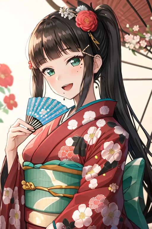 best quality, masterpiece, highres, solo, {kurosawa_dia_lovelivesunshine:1.15}, black_hair, bangs, mole, mole_under_mouth, long_hair, hair_ornament, blunt_bangs, blush, green_eyes, smile, hairclip, aqua_eyes, 1girl, floral_print, flower, hair_flower, japanese_clothes, kimono, looking_at_viewer, open_mouth, red_flower, red_kimono, :d, holding, upper_body, folding_fan, hand_fan, long_sleeves, obi, sash