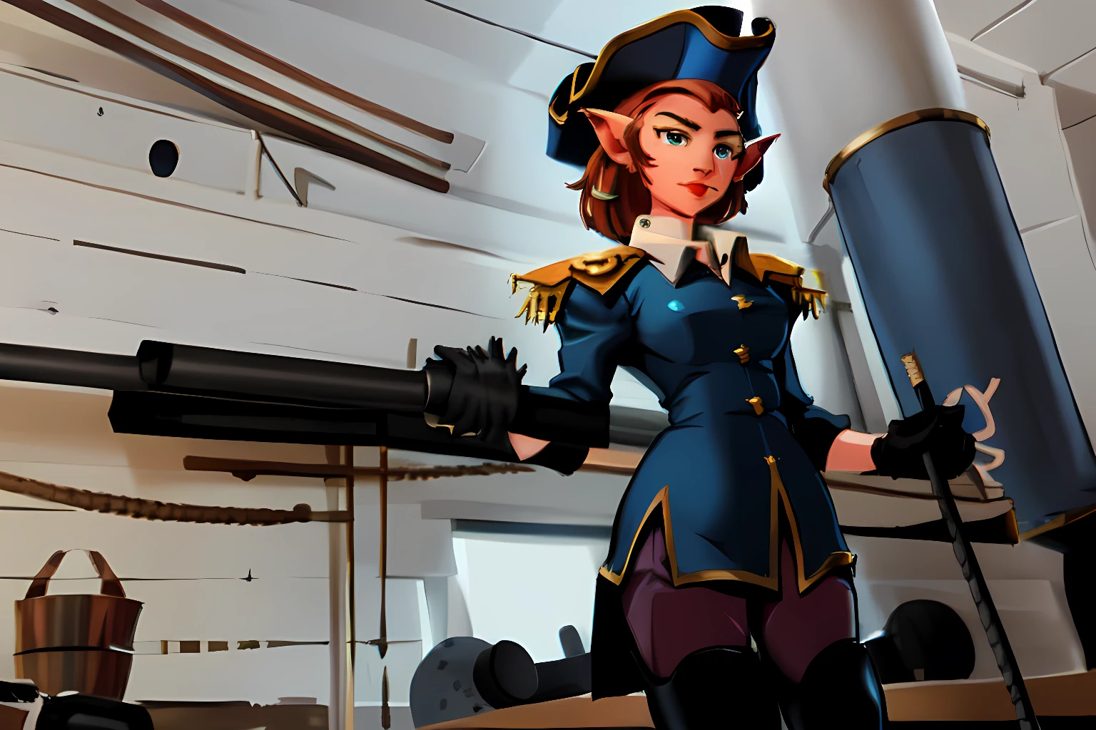 ((below decks, gun deck, row of cannons,)), (1girl, AmeliaCapWaifu, (blue uniform, thighhighs, thigh boots, gloves, hat, epaulettes, pants), pointy ears)