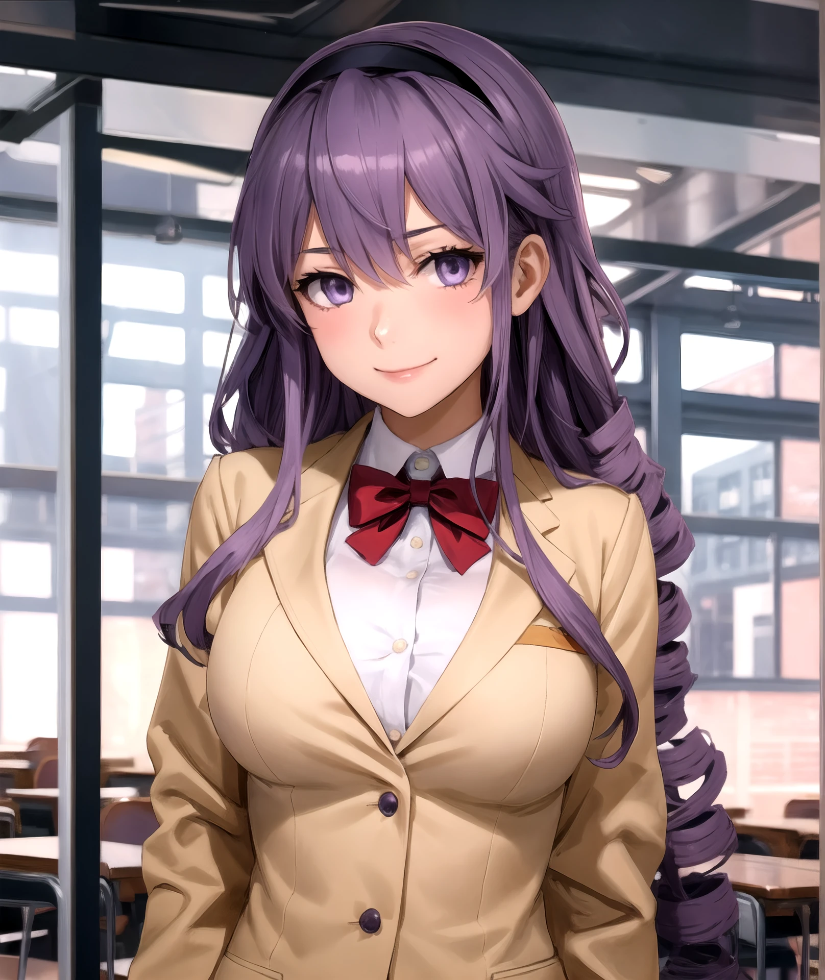 1girl, all fours, school uniform, jacket,  junko hokaze, solo, long hair, looking at viewer, smile, bow,  purple eyes, purple hair, hairband, bowtie, red bow, drill hair, <lora:Junko_Hokaze_L:1>, huge breasts