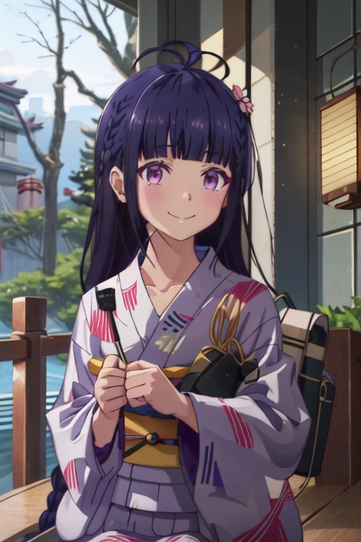 best quality, masterpiece, highres, solo, {yukata:1.40}, {kimono:1.20}, {izawa_ai_renaiflops:1.15}, long_hair, bangs, blunt_bangs, purple_eyes, braid, purple_hair, smile, black_hair, antenna_hair