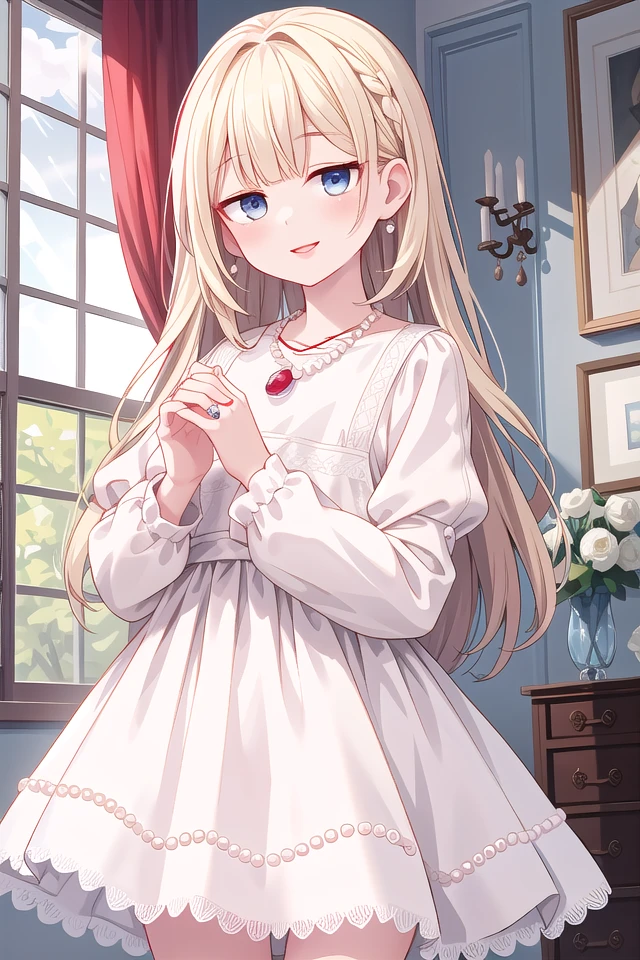 insanely detailed, absurdres, ultra-highres, ultra-detailed, best quality,
1girl, solo, nice hands, perfect hands,
BREAK
(dress, eyelashes, jewelry, lace trimmed dress, lace trim, lips, necklace, pearl necklace, red lips, white dress:1.3)
BREAK
happy smile, laugh, closed mouth, standing,
,
cute pose, cowboy shot, looking at viewer
BREAK
slender, kawaii, perfect symmetrical face, ultra cute girl, ultra cute face, ultra detailed eyes, ultra detailed hair, ultra cute, ultra beautiful,
BREAK
in hotel room
BREAK
large breasts, blonde long hair, bangs, (cleavage:-1.5)