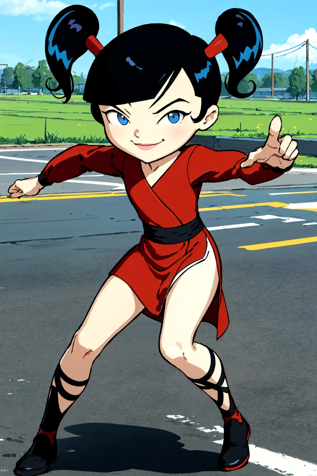 kimiko, 1girl, black hair, twintails, solo, blue eyes, dress, red dress, long sleeves, smile, black footwear <lora:kimiko1.o-000008:0.75>