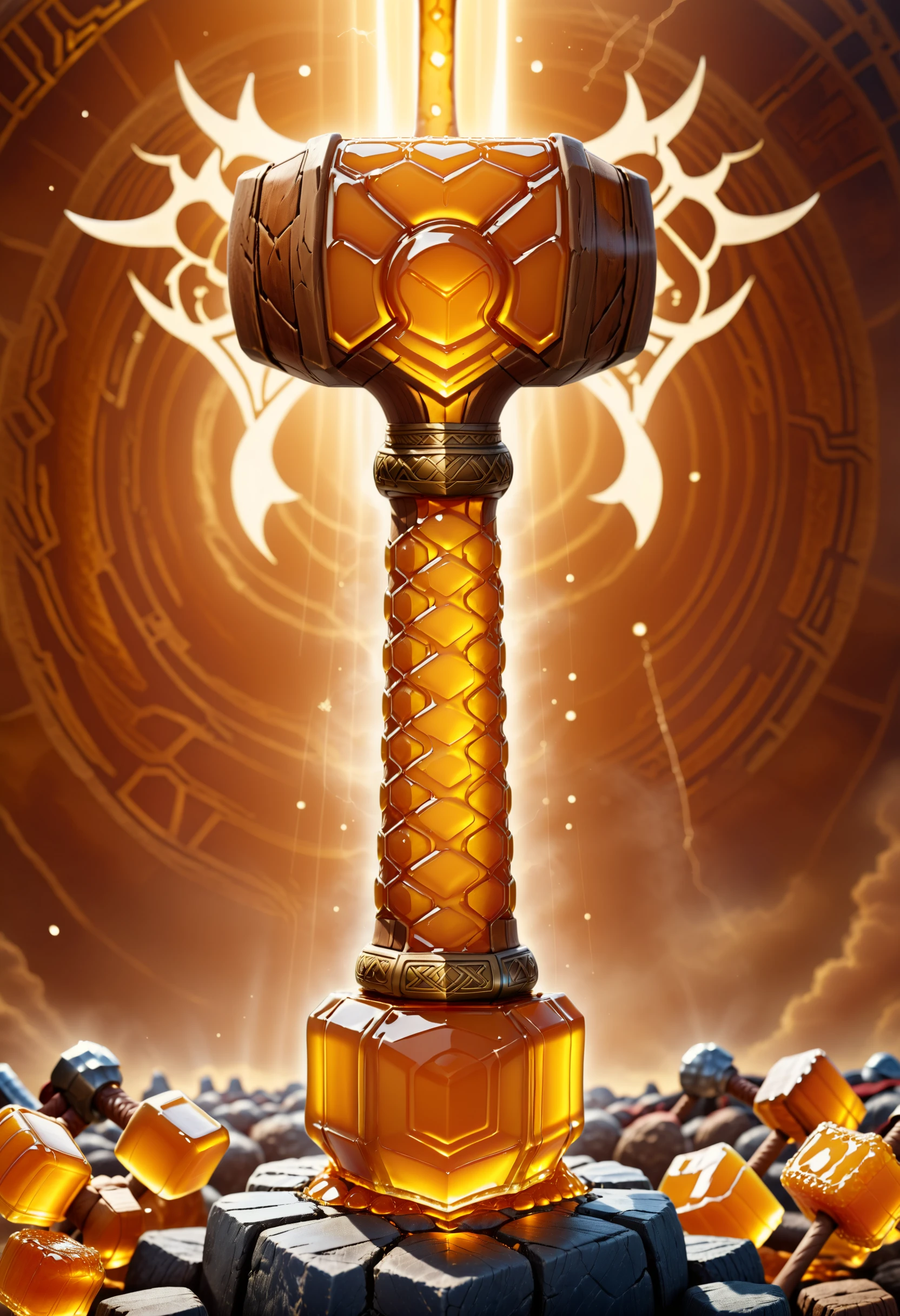 Thor's hammer made of dvr-honey, viking background <lora:HoneyStyle:1>