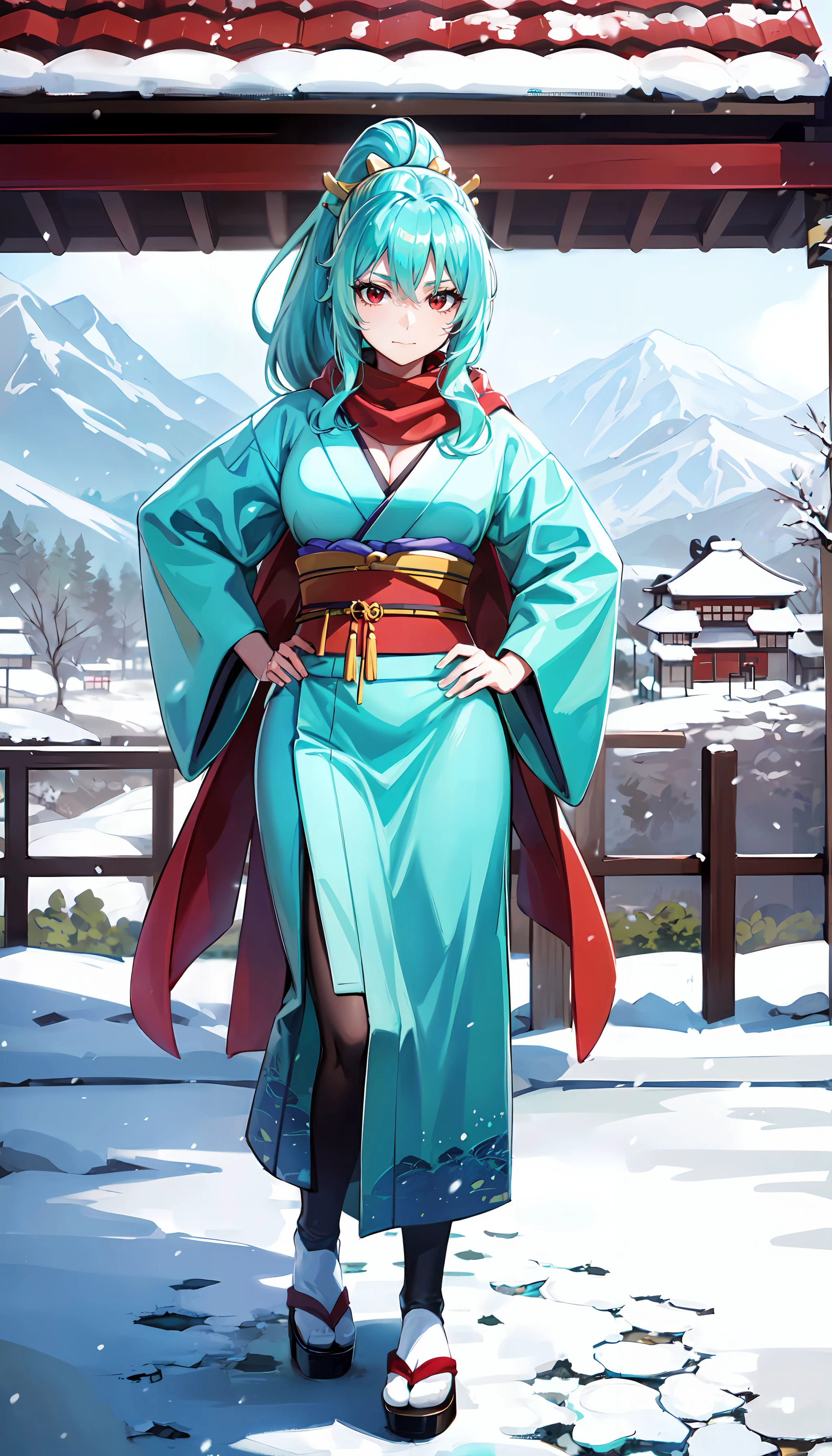 photorealistic, (4k), depth of field, (Masterpiece), (realistic skin texture), extremely detailed, intricate, hyper detailed, high resolution, professional photography, bokeh, sharp detail, best quality, woman,  <lora:Tomoe-000003:0.7> , (green kimono), long hair, aqua hair, ponytail, red eyes, red scarf, large breasts, standing with hands on hips , mountain path, snowing, snow, japanese style, japanese village,