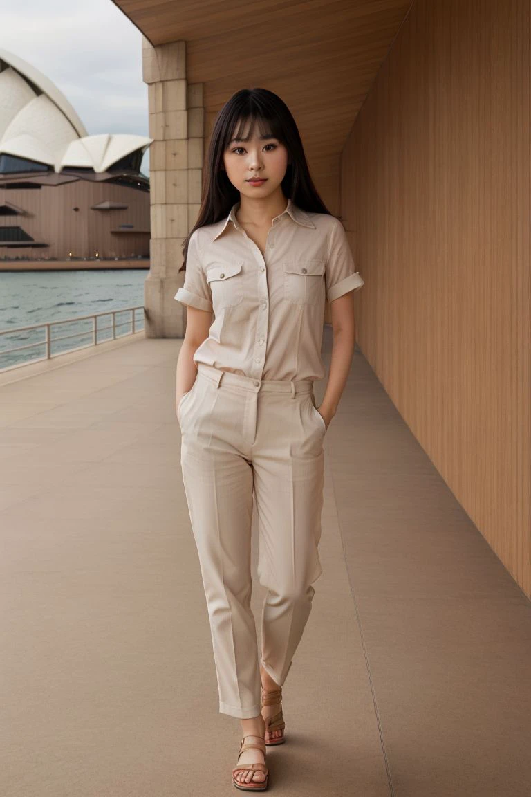 <lora:sora_izumi_obj20:0.7>, full_body, standing, sandals, (shirt), pants, (sydney opera house), (sora_izumi: 1.2), perfect face, (contact iris: 1.1), pale skin, skin pores , depth of field