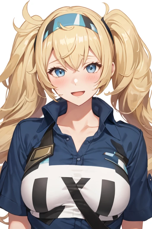 best quality, masterpiece, highres, solo, {gambier_bay_kantaicollection:1.15}, blonde_hair, long_hair, twintails, hairband, blue_eyes, breasts, large_breasts, hair_between_eyes, open_mouth, blush, 1girl, alternate_costume, alternate_hairstyle, blue_shirt, collared_shirt, looking_at_viewer, ponytail, shirt, simple_background, smile, striped_shirt, upper_body, blue_hairband, employee_uniform, striped, ahoge, bangs, black_shirt, collarbone, uniform, white_background