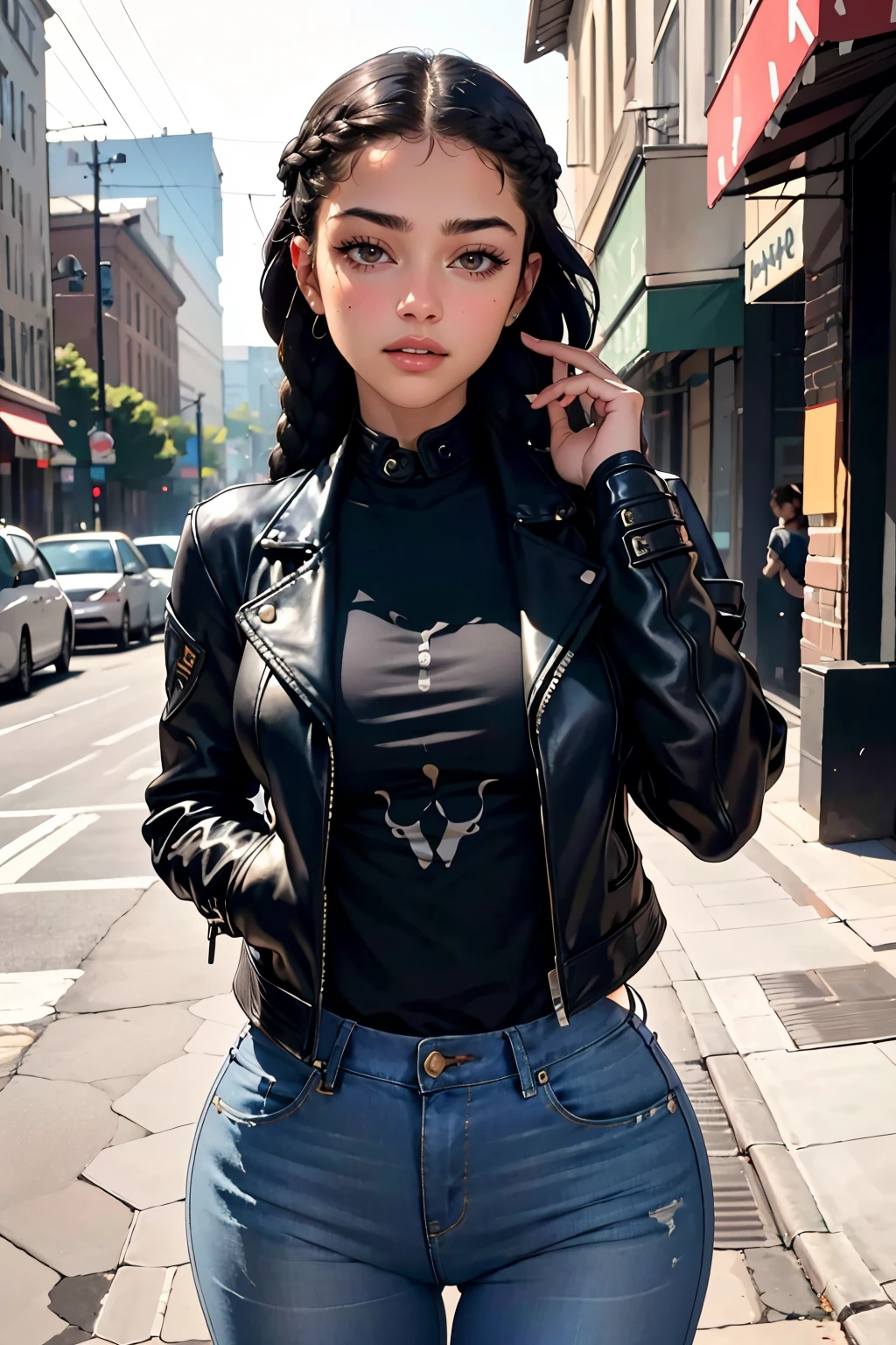 (masterpiece, best quality, high resolution:1.2), (cowboy shot:1.2), fashion pose,
amateur photography instagram photo, detailed face, dark theme, soothing tones, muted colors, high contrast, (natural skin texture, hyperrealism, soft light, sharp), Cannon EOS 5D Mark III, 85mm . f8.0, low light, underexposed, high contrast
lifelike texture,
detailed face, detailed eyes, detailed skin, extremely detailed, intricate details,
<lora:ZH_MTrevejo_v1:1>, zh_mtrevejo, 1girl, solo, realistic, long hair, arm tattoo, looking at viewer, ((shirt:1.2)), ((leather jacket:1.2)), (jeans), outdoors, braids, street,