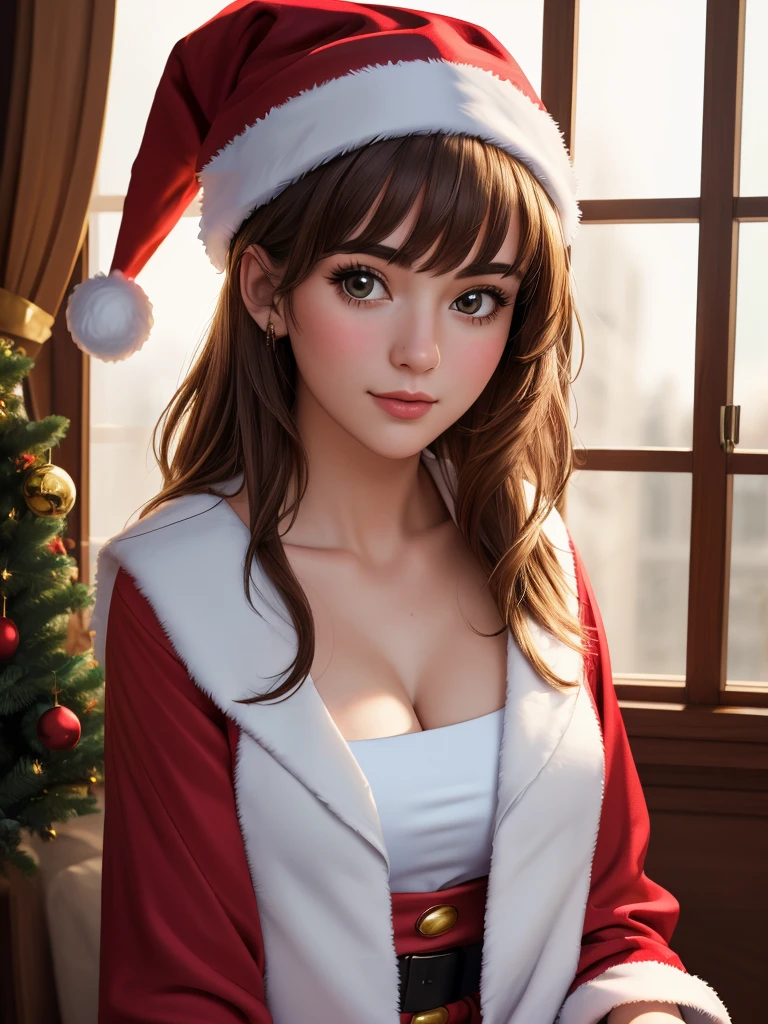 (masterpiece:1.3), (highly detailed:1.3), (highres:1.1), best quality, Ultra-detail, 1girl, santa costume, santa dress, santa hat, solo, window,