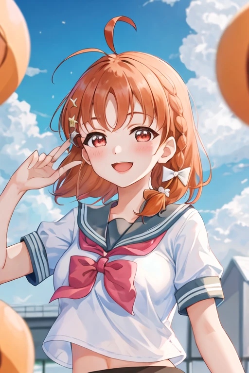 best quality, masterpiece, highres, solo, {takami_chika_lovelivesunshine:1.15}, orange_hair, red_eyes, short_hair, ahoge, bangs, smile, blush, braid, hair_ornament, open_mouth, bow, side_braid, hair_bow, breasts, 1girl, looking_at_viewer, school_uniform, serafuku, upper_body, uranohoshi_school_uniform, sky