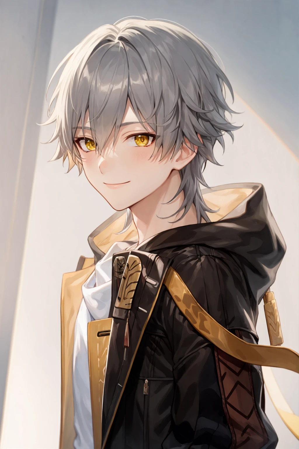 masterpiece, best quality, <lora:trailblazer:1>, chibi, 1boy, male focus, solo, yellow eyes, smile, shirt, jacket, white shirt, grey hair, black jacket, closed mouth, gloves, hair between eyes, short hair, bangs, long sleeves, upper body