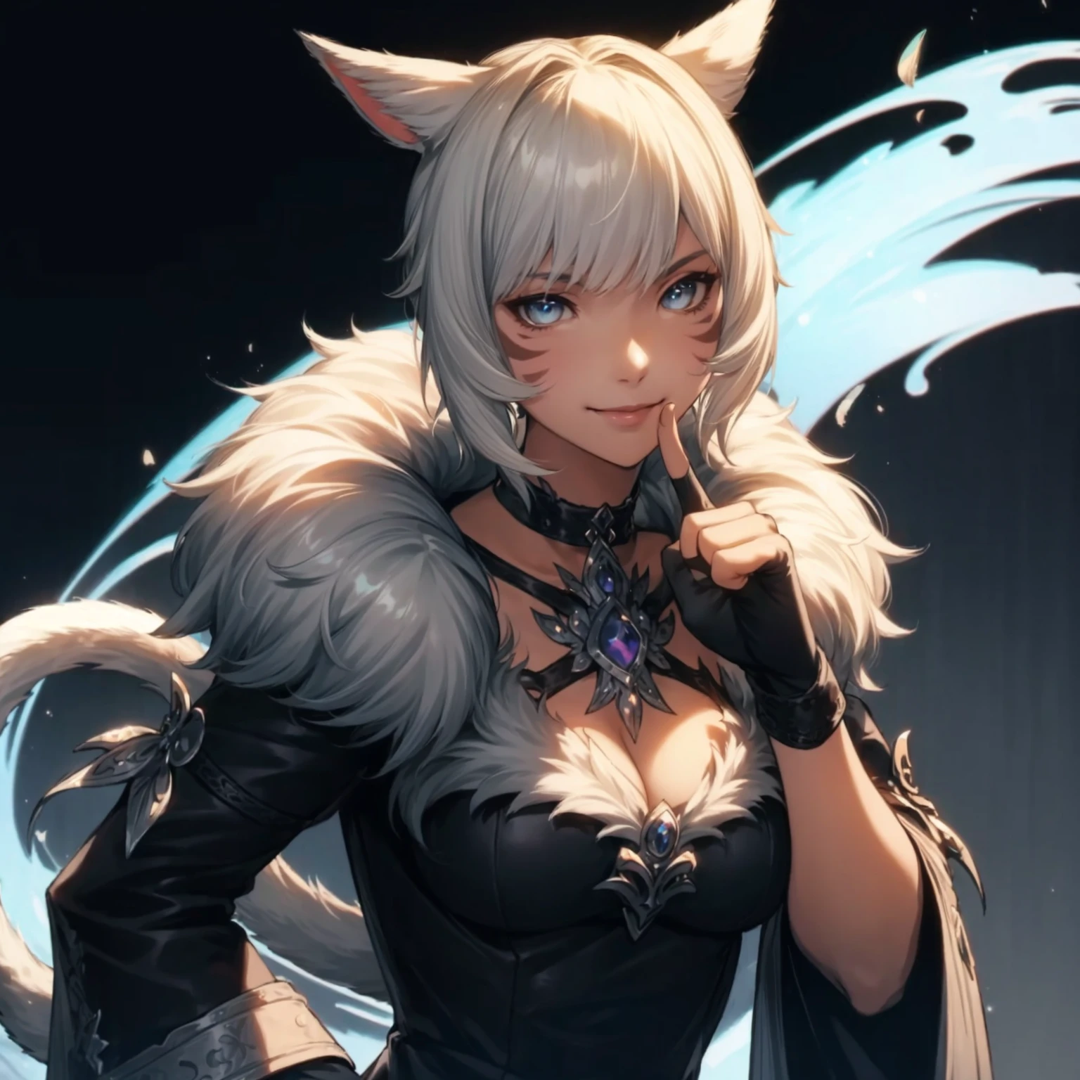 <lora:YSTLRR_FF14:0.5>, Matoya, y'shtola, y'shtola rhul, miqo'te, cat girl, grey hair, short hair, bangs, animal ears, cat ears, grey eyes, slit pupils, lips, facial mark, whisker markings, tattoo, neck tattoo, tail, cat tail,hair ornament, feather hair ornament, choker, black choker, brooch, dress, long dress, black dress, fur-trimmed dress, fur trim, cleavage, long sleeves, wide sleeves, gloves, black gloves, fingerless gloves, partially fingerless gloves, ring, claw ring, masterpiece, best quality, high-resolution, absurdres, highres, ultra detailed, highly detailed, detailed beautiful face and eyes, 4k, 8k
BREAK
(from front:1.5), (upper body:1.5), (put index finger on mouth:1.5), (smile:1.5), looking at viewer, abstract background, <lora:1add_detail:1> <lora:flat2:-0.3> <lora:Silicon-landscape-isolation:1>