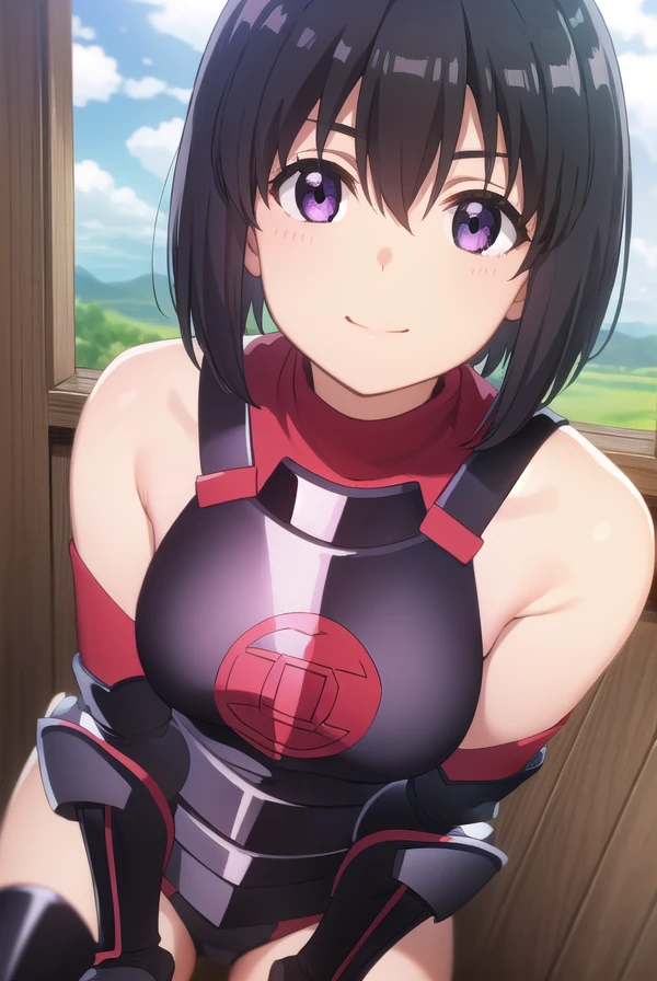 bofurimaple, <lora:bofuri maple s2-lora-nochekaiser:1>,
maple, short hair, bangs, black hair, hair ornament, (purple eyes:1.1), ahoge, bob cut, smile,
BREAK thighhighs, gloves, bare shoulders, boots, black gloves, elbow gloves, armor, red thighhighs, black armor,
BREAK outdoors, forest, nature, sky, sun, clouds,
BREAK looking at viewer,
BREAK <lyco:GoodHands-beta2:1>, (masterpiece:1.2), best quality, high resolution, unity 8k wallpaper, (illustration:0.8), (beautiful detailed eyes:1.6), extremely detailed face, perfect lighting, extremely detailed CG, (perfect hands, perfect anatomy),