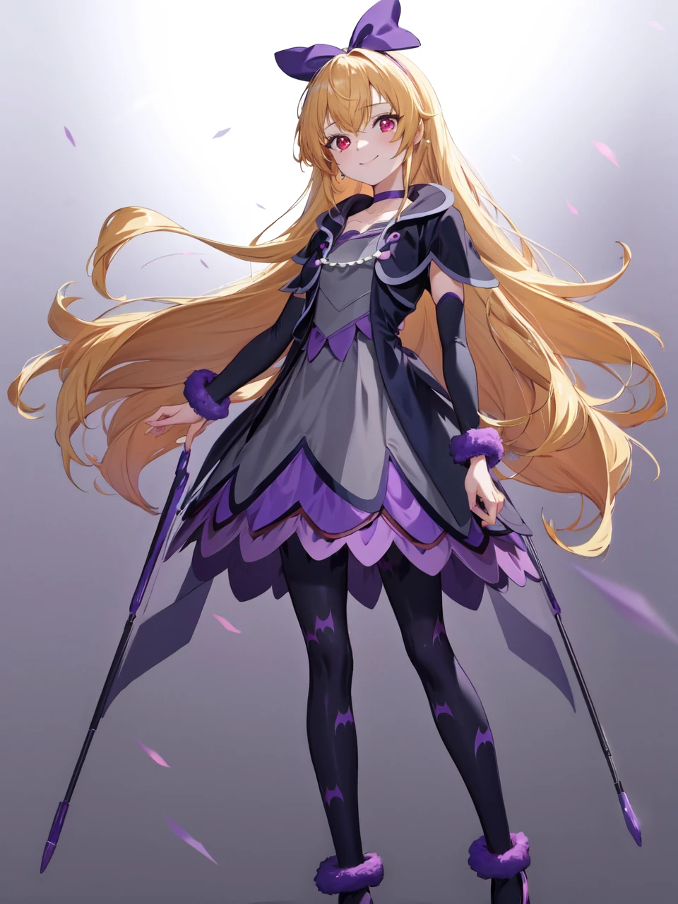 masterpiece, best quality, looking at viewer, depth of field, standing, full body,
1girl, <lora:locon_regina_01:0.95>, regina, (purple ribbon, hair ribbon, red eyes), blonde hair, long hair, grey skirt, pantyhose, animal print, vest, long sleeves, black capelet, arm warmers, choker, fur, high heels,
smile, ((gradient background)), lens flare,