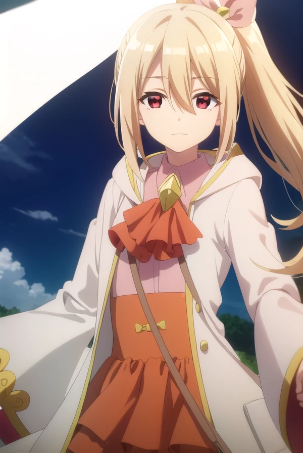 bofurifrederica, <lora:bofuri frederica s2-lora-nochekaiser:1>,
frederica, long hair, bangs, blonde hair, (red eyes:1.3), bow, hair between eyes, hair bow, ponytail, side ponytail, smile,
BREAK skirt, long sleeves, dress, jacket, open clothes, wide sleeves, coat, ascot, white jacket,
BREAK outdoors, forest, nature, sky, sun, clouds,
BREAK looking at viewer,
BREAK <lyco:GoodHands-beta2:1>, (masterpiece:1.2), best quality, high resolution, unity 8k wallpaper, (illustration:0.8), (beautiful detailed eyes:1.6), extremely detailed face, perfect lighting, extremely detailed CG, (perfect hands, perfect anatomy),