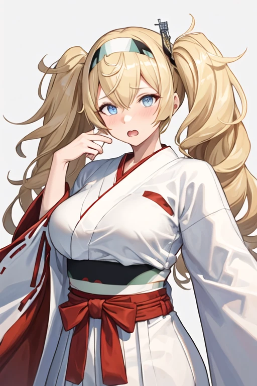 best quality, masterpiece, highres, solo, {white kimono:1.35}, {red hakama:1.35}, {wide sleeves:1.20}, {gambier_bay_kantaicollection:1.15}, blonde_hair, long_hair, twintails, hairband, blue_eyes, breasts, large_breasts, hair_between_eyes, open_mouth, blush