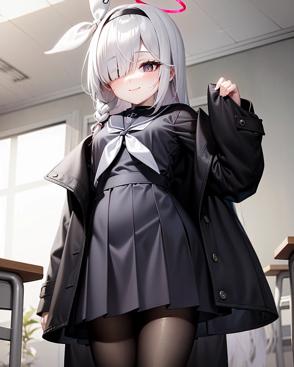 1girl, solo, long hair,  bangs, skirt, long sleeves, ribbon,  school uniform,  grey eyes, jacket,  hair ribbon,  braid, white hair, pantyhose, pleated skirt, hairband, open clothes,  black skirt, sailor collar, black footwear, hair over one eye, coat, neckerchief, sleeves past wrists, black pantyhose, halo,  black coat, plana (blue archive), symbol-shaped pupils, indoors, classroom, standing,  smile,  <lora:Plana_Blue_Archive_LoraV1-000002:1>, 8K, masterpiece, beautiful