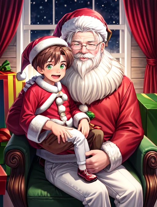 best quality, masterpiece, highres, detailed, digital artwork, <lora:Detail - add_detail:0.2>, 2boys, SantaLap, <lyco:Scene - SantaLap:0.9>, sitting on lap, happy, BREAK 1boy, old man, santa, santa claus, white hair, red pants, santa hat, fat, white beard, mustache BREAK HiroDigi, brown hair, messy hair, green eyes, sitting on santa's lap, <lora:Character - HiroDigi:0.5>,