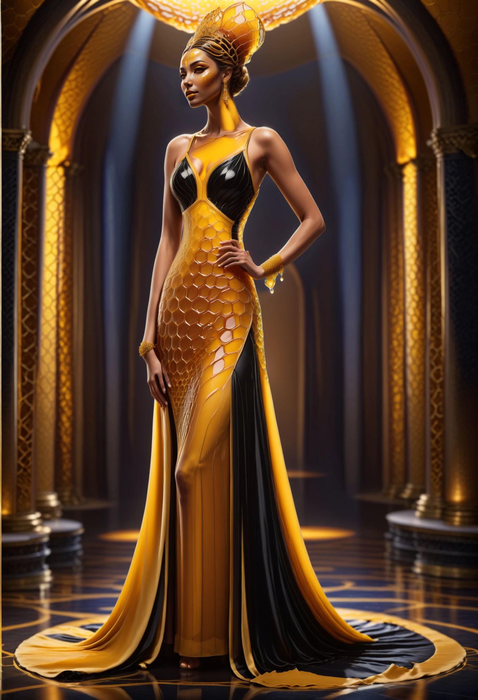 dvr-honey a lone beautiful woman stands poised, waiting, stylized as queen bee, long flowing black and yellow evening gown, side slit <lora:HoneyStyle:2>