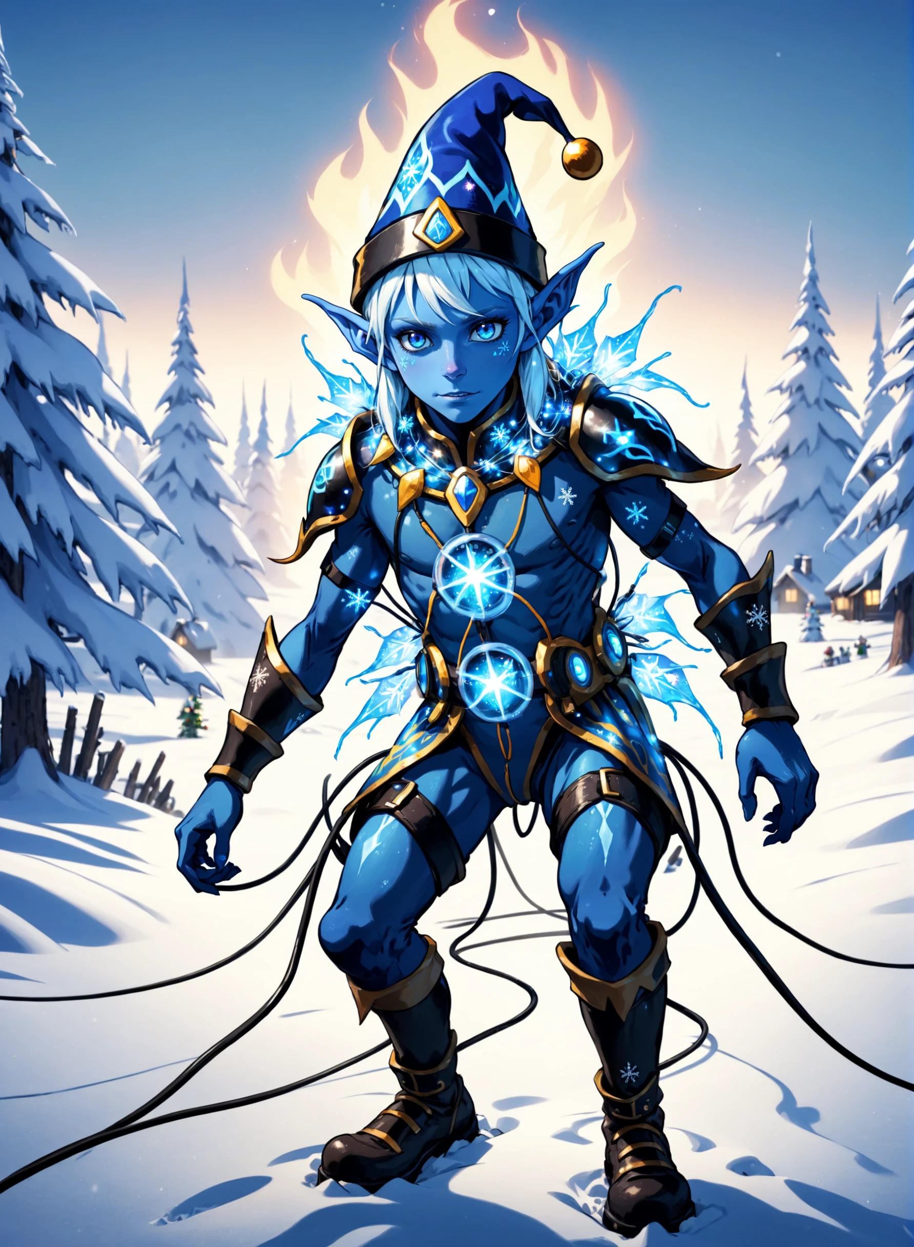 A psychotic cyborg Blue skinned christmas elf covered in christmas lights in the middle of the frozen siberian tundra, blue flames,electrical wires, internet theme