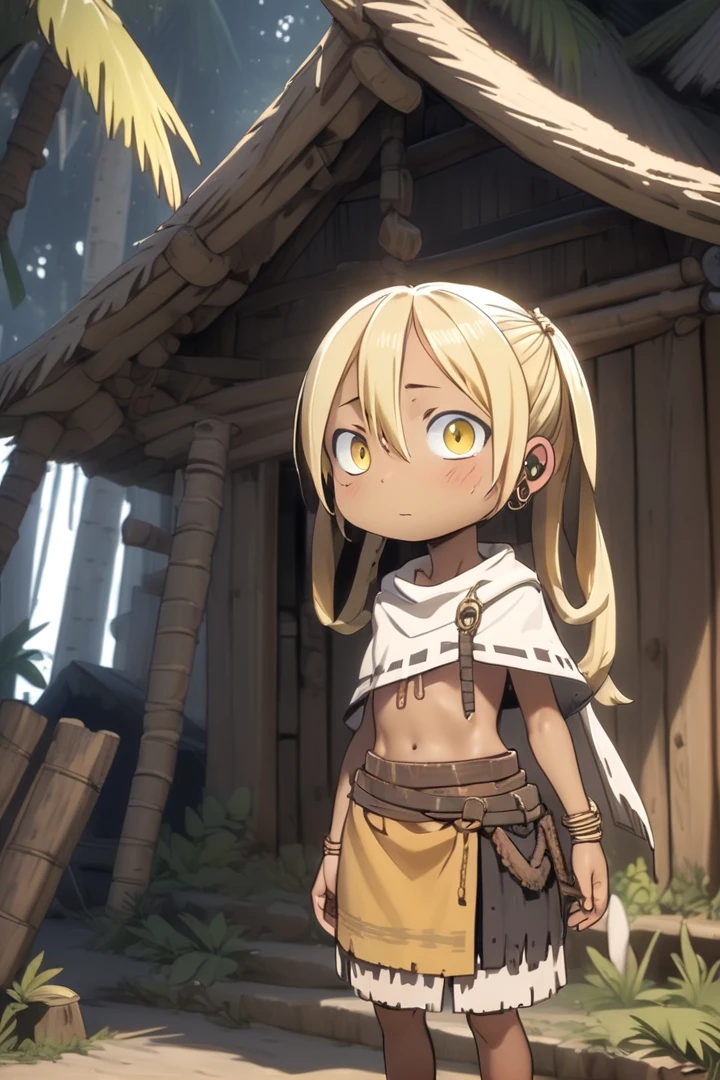 <lora:irumyuuisdxl-000019:0.5>
1girl, mia_irumyuui,
she has blonde hair.
(yellow eye color), (hair rings:1.4),
dark skin, wooden village, (flat chest), tribal outfit,
outside, well lit, savage skirt, naval, chest fully covered in rags,
draw it in the style of made in abyss,
The soft lighting and detailed surroundings create an immersive environment where imagination runs wild
high quality visuals, dim Lighting, sharply focused, octane render, 8k UHD