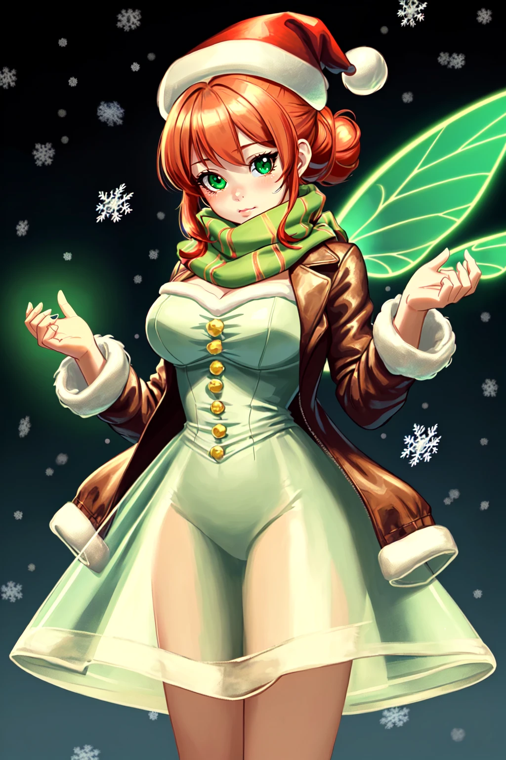 (kawaii:1.4), cute, (masterpiece, best_quality, ultra-detailed, immaculate:1.3), epic, illustration, perfect anatomy, 1girl, see-through gossamer, =_=, bombshell hair, muted green and red hair, fur trim, Victorian Updo, swept bangs, standing , holidayxl style, fairy lights, christmas theme, leather jacket, scarf, santa hat, conservative dress,