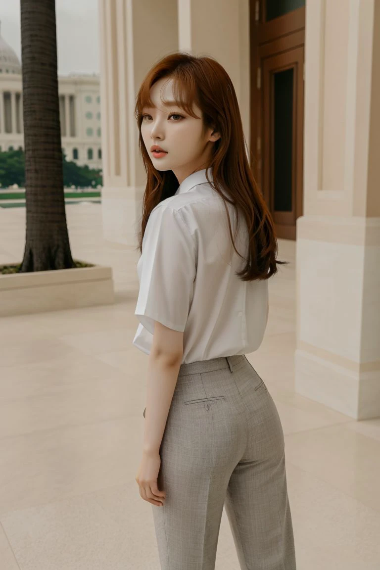 <lora:kim_hee_jeong_obj20:0.5>, full_body, standing, sandals, (shirt), pants, (us capitol), (kim_hee_jeong: 1.2), perfect face, (contact iris: 1.1), pale skin, skin pores , depth of field