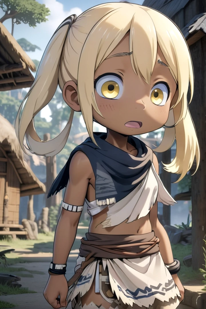 <lora:irumyuuisdxl-000019:0.5>
8 year old girl, mia_irumyuui,
she has (blonde hair).
(yellow eye color), sfw,
(blonde hair rings:1.5),
dark skin, wooden village, (flat chest), white tribal savage rag skirt,
outside, well lit, naval, chest fully covered in white savage tribal rags,
draw it in the style of made in abyss,
The soft lighting and detailed surroundings create an immersive environment where imagination runs wild
high quality visuals, dim Lighting, sharply focused, octane render, 8k UHD