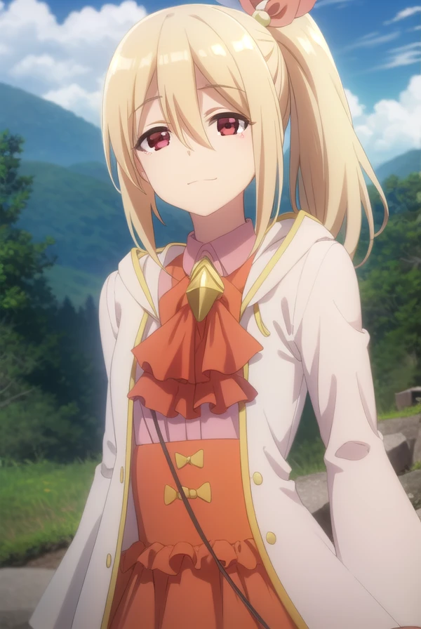 bofurifrederica, <lora:bofuri frederica s2-lora-nochekaiser:1>,
frederica, long hair, bangs, blonde hair, (red eyes:1.3), bow, hair between eyes, hair bow, ponytail, side ponytail, smile,
BREAK skirt, long sleeves, dress, jacket, open clothes, wide sleeves, coat, ascot, white jacket,
BREAK outdoors, forest, nature, sky, sun, clouds,
BREAK looking at viewer,
BREAK <lyco:GoodHands-beta2:1>, (masterpiece:1.2), best quality, high resolution, unity 8k wallpaper, (illustration:0.8), (beautiful detailed eyes:1.6), extremely detailed face, perfect lighting, extremely detailed CG, (perfect hands, perfect anatomy),