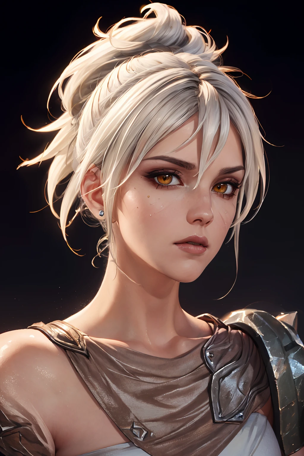 ((masterpiece)),highres, original, beautiful detailed eyes,
realism,
riven \(league of legends\),folded ponytail, short dress, coreset, single pauldron, white hair, black eyeshadow, bare shoulders,
portrait, highlydetailed skin, no watermark signature, insanely detailed, absurdres, HDR,
((best quality)), <lora:Riven:1>