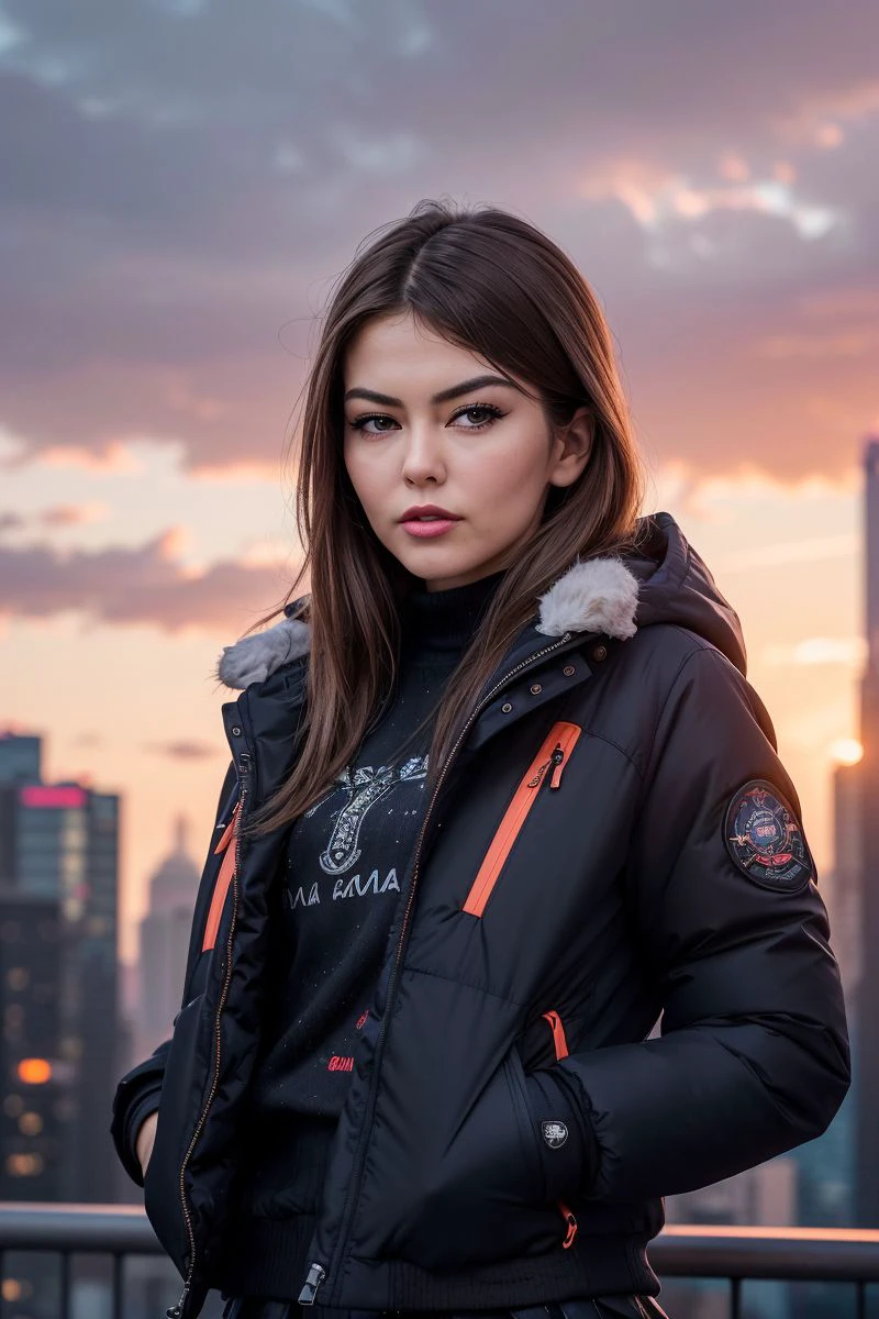 photo of S263_CindyShine,a stylish woman,in a (winter-city:1.1),wearing a (parka-jacket:1.1) and a (skirt),(sunset),(4k, RAW photo, best quality, depth of field, ultra high res:1.1),(absurdres, intricate, photorealistic, masterpiece, ultra-detailed:1.2),