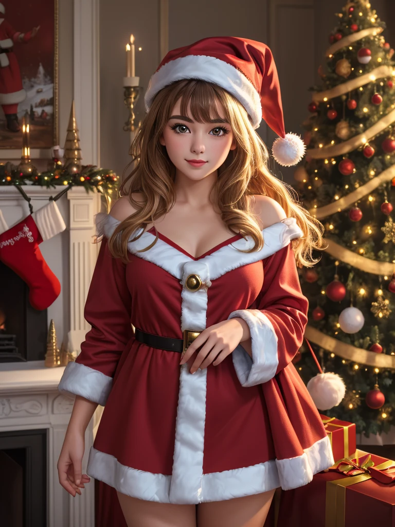 (masterpiece:1.3), (highly detailed:1.3), (highres:1.1), best quality, Ultra-detail, 1girl, santa costume, santa dress, santa hat, solo, christmas tree,