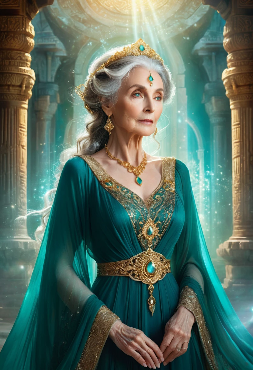 A detailed portrait of a very old woman in a fantasy setting. She has an ethereal beauty, with large expressive eyes and delicate features. Her hair is a dark, flowing cascade, styled with ornate accessories. She is adorned in a flowing teal dress with golden embellishments that suggest a regal status. The fabric of her dress looks silky with light reflecting off it, creating a shimmering effect. The woman is surrounded by a magical aura, with soft light particles floating around her, enhancing the mystical atmosphere. Architectural elements in the background hint at an ancient temple with intricate designs, partially obscured by the enchanting light.