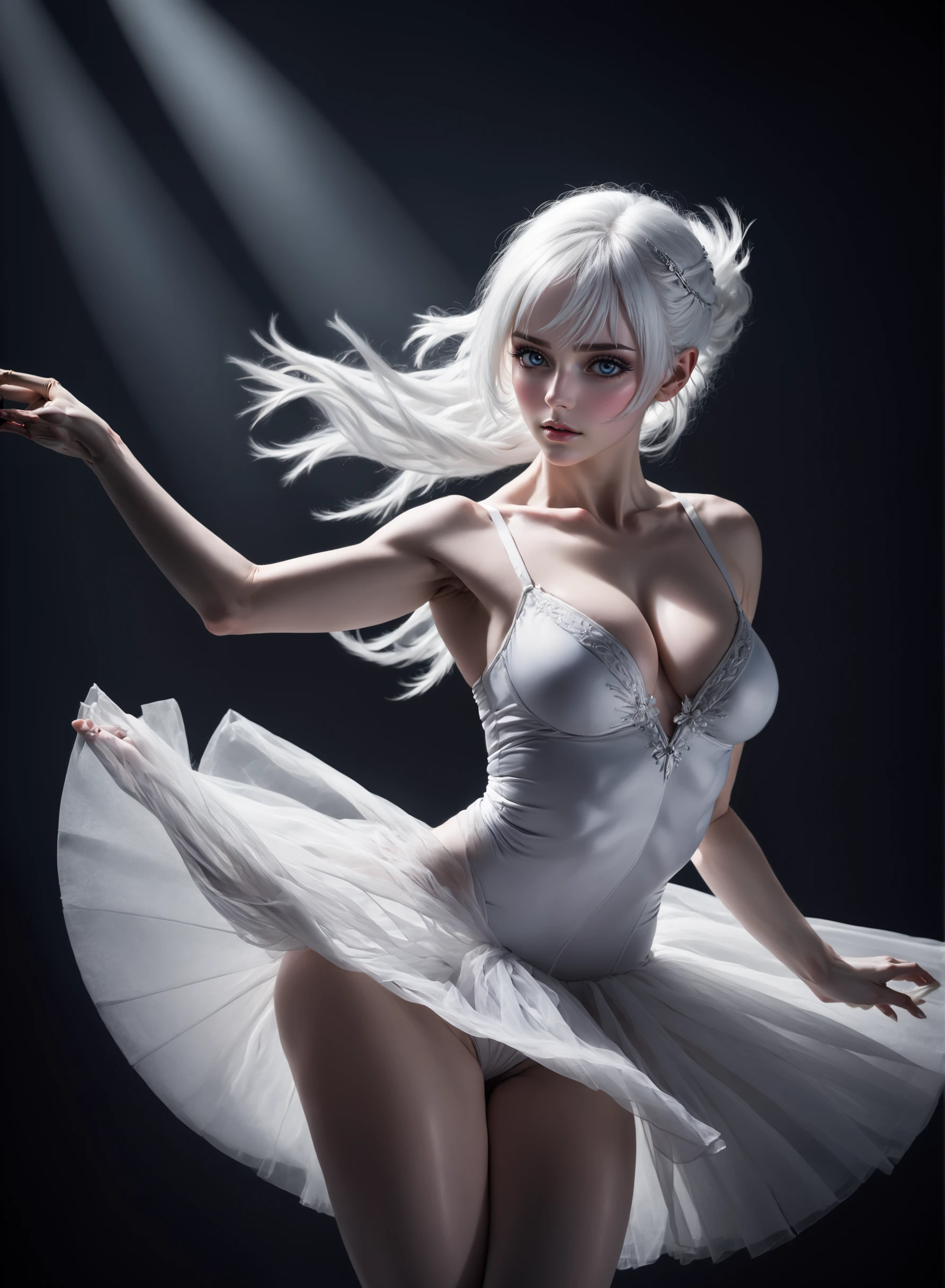 weiss schnee, white hair, dancer, ballet, elegant, erotic, sensual, high contrast lighting, intricate details, masterfully executed, dynamic composition, provocative pose, alluring gaze, intense passion, photodromm, erotic, large breasts, hyperrealistic art, extremely high-resolution details, photographic, realism pushed to extreme, fine texture, incredibly lifelike,