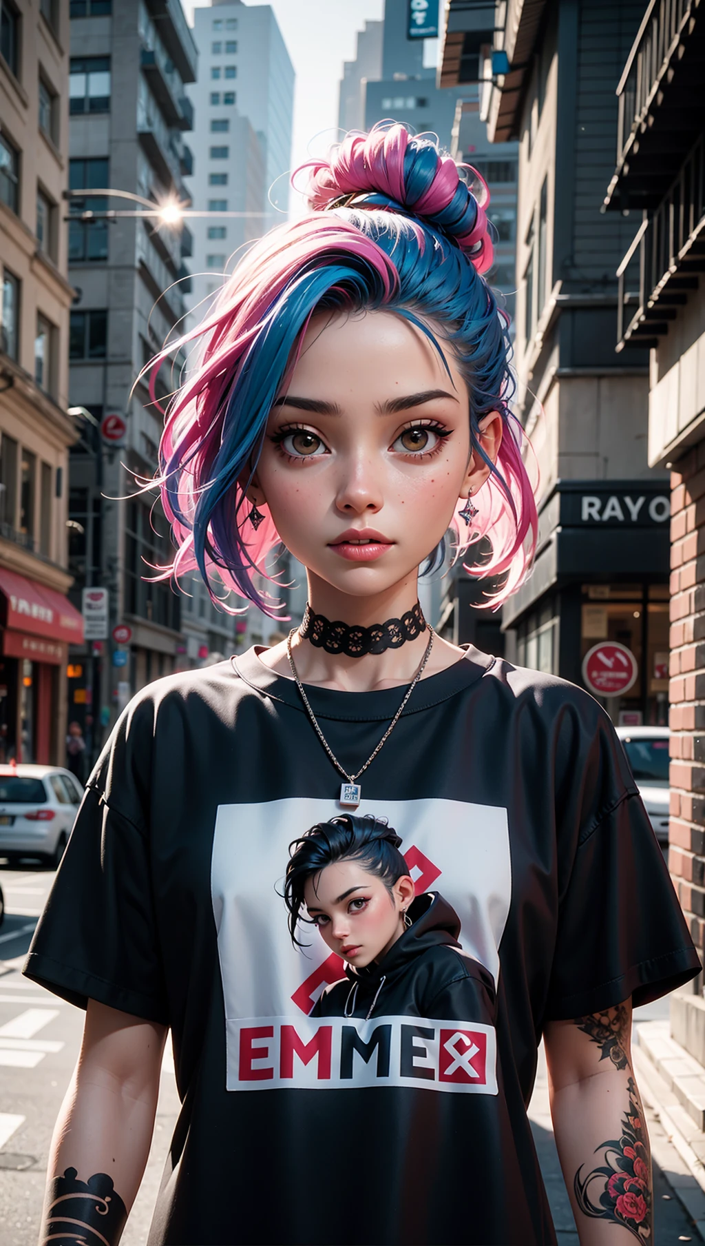 upper body portrait,raw essence of a tattooed street style icon,rebellious energy,wearing oversized shirt with logos,vibrant graffiti as backdrop,edgy fashion,sense,confident gaze,colorful hair,light beams streaming through haze,