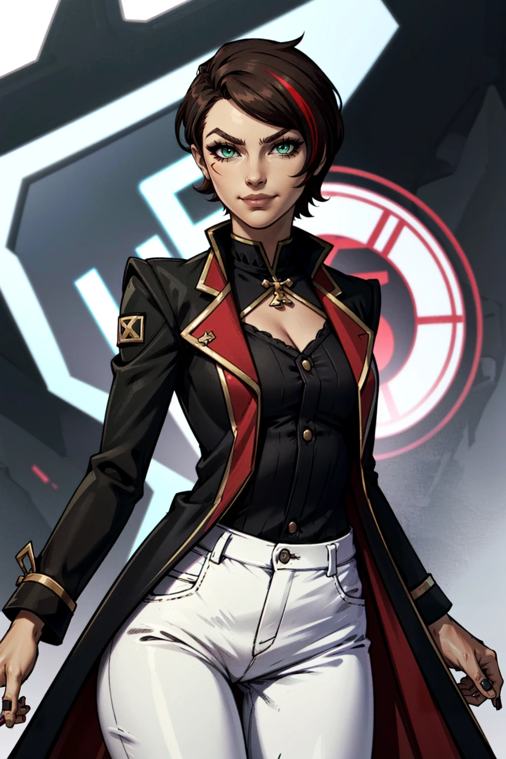 <lora:FionaV1.4:0.8> , 1girl, brown hair with red streak, eyebrow scar, eyeshadow, fionatftbl, green eyes, nail polish, no headwear, black business coat, short hair, smirk, white pants