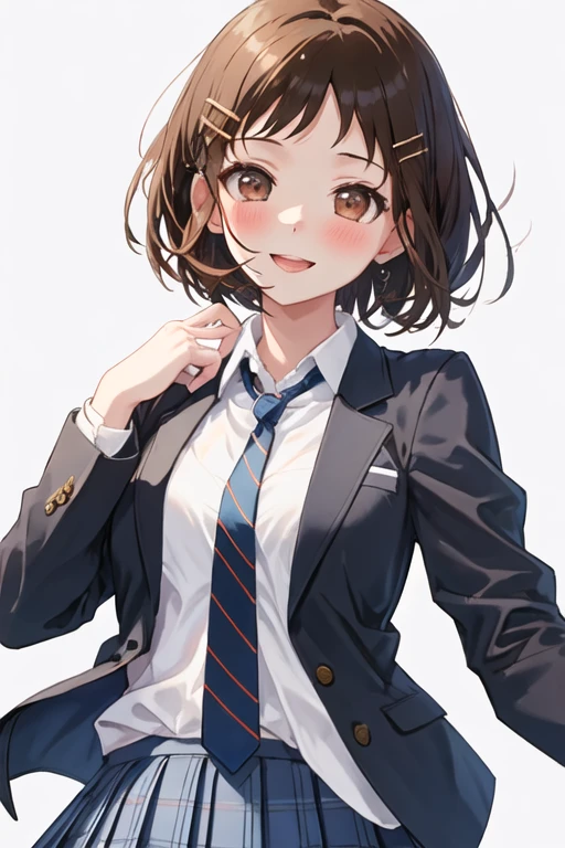 best quality, masterpiece, highres, solo, {hazawa_tsugumi_bangdream:1.15}, brown_hair, short_hair, brown_eyes, blush, smile, bangs, open_mouth, 1girl, blazer, collared_shirt, grey_jacket, jacket, necktie, school_uniform, shirt, white_shirt, blue_necktie, looking_at_viewer, striped, striped_necktie, long_sleeves, blue_skirt, plaid, plaid_skirt, pleated_skirt, skirt, white_background, closed_mouth, simple_background