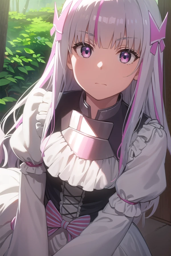 bofuriyui, <lora:bofuri yui s2-lora-nochekaiser:1>,
yui, long hair, hair ornament, white hair, bow, pink bow, vertical stripes, striped,
BREAK gloves, dress, pantyhose, puffy sleeves, white dress, long sleeves, frills,
BREAK outdoors, forest, nature, sky, sun, clouds,
BREAK looking at viewer,
BREAK <lyco:GoodHands-beta2:1>, (masterpiece:1.2), best quality, high resolution, unity 8k wallpaper, (illustration:0.8), (beautiful detailed eyes:1.6), extremely detailed face, perfect lighting, extremely detailed CG, (perfect hands, perfect anatomy),