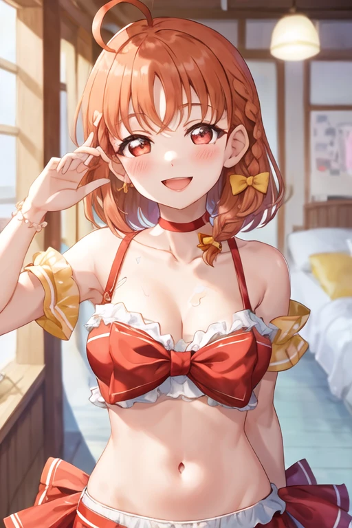 best quality, masterpiece, highres, solo, {takami_chika_lovelivesunshine:1.15}, orange_hair, red_eyes, short_hair, ahoge, bangs, smile, blush, braid, hair_ornament, open_mouth, bow, side_braid, hair_bow, breasts, 1girl, looking_at_viewer, collarbone, red_bow, :d, short_sleeves, upper_body