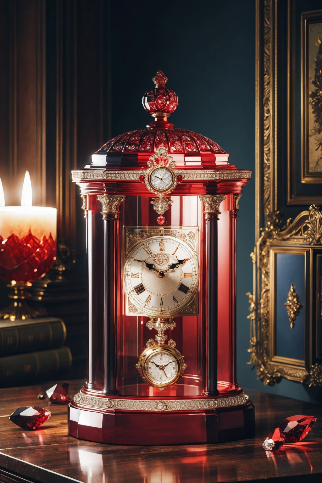 masterpiece, best quality, <lora:redcrystal-nvwls-v1:1> redcrystal clock, library
