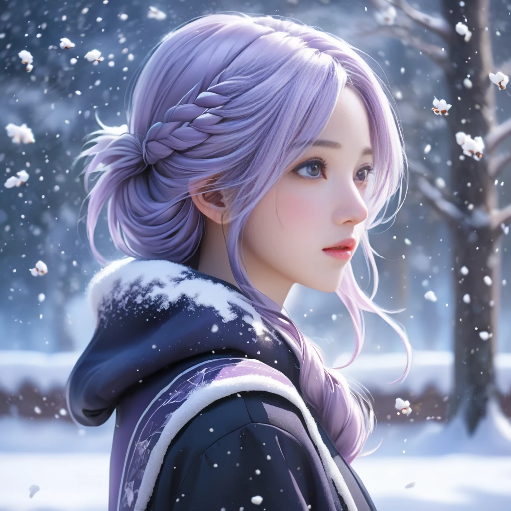 1 girl in the snow,snowing,Joi,AGG,anime gorgeous girl,light purple hair,realistic,authentic,side view,looking at audience,<lora:Joi Qiao:0.6>