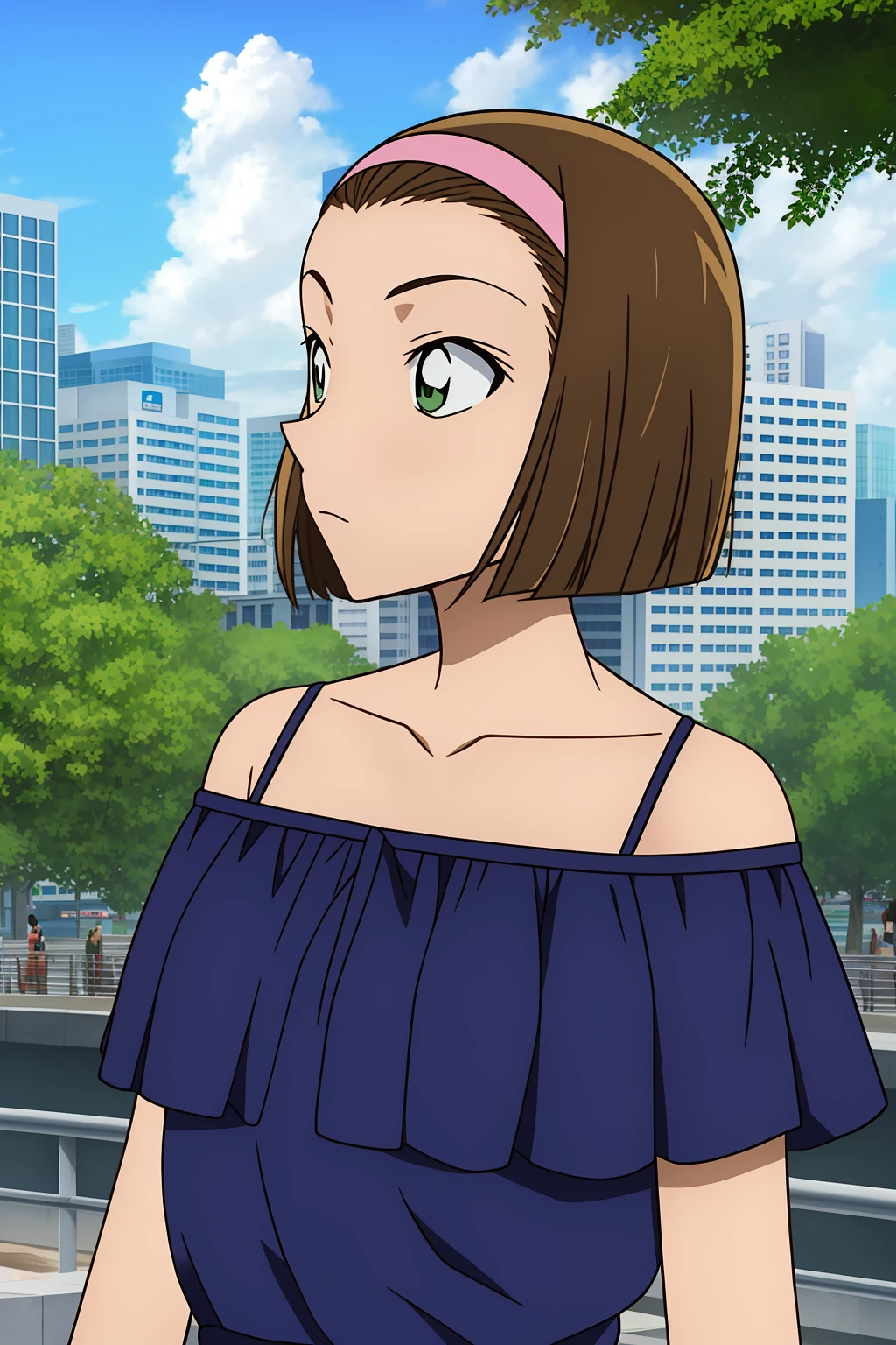 sonoko, 1girl,solo,looking_at_viewer,short_hair,multiple_girls,brown_hair,shirt,bare_shoulders,green_eyes,collarbone,upper_body,hairband,outdoors,sky,day,cloud,off_shoulder,tree,building,city