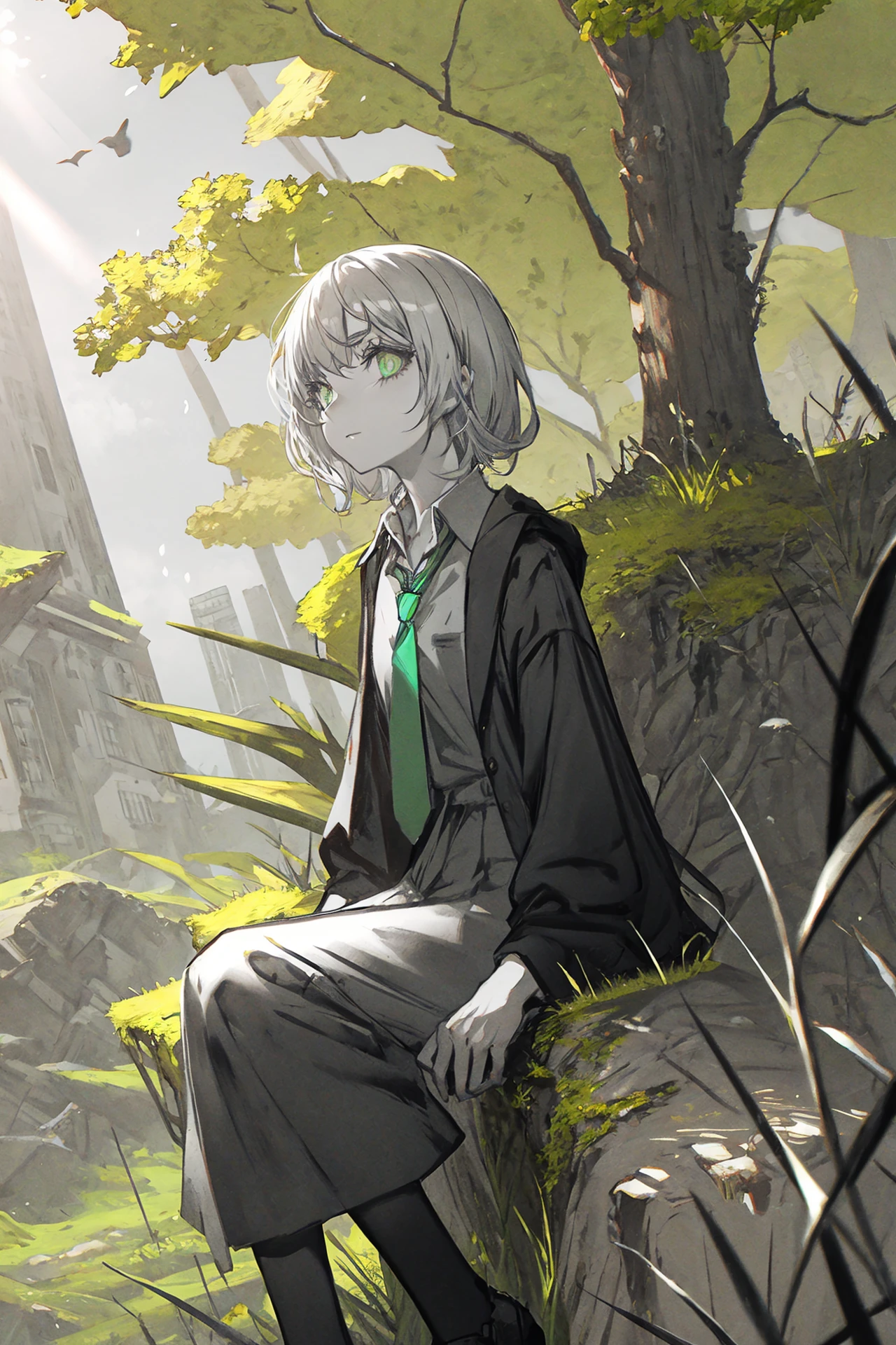 1girl, solo, monochrome, greyscale, looking at viewer, simple background, collared shirt, shirt, white background, scar on face, scar, ringed eyes, necktie, bangs, medium hair, portrait, sidelocks, closed mouth ,ruins, overgrown, scenery, sunlight, tree, outdoors, light rays, nature, grass, moss, blurry, post-apocalypse, forest, depth of field, sunbeam, building, day, plant, blurry foreground, sitting, artist name 
<lora:Lack-000215:1>, <lora:ç»ä¸½çåå½±:0.2>,<lora:add_detail:0.35>, <lora:adaptedmodel:0.35>