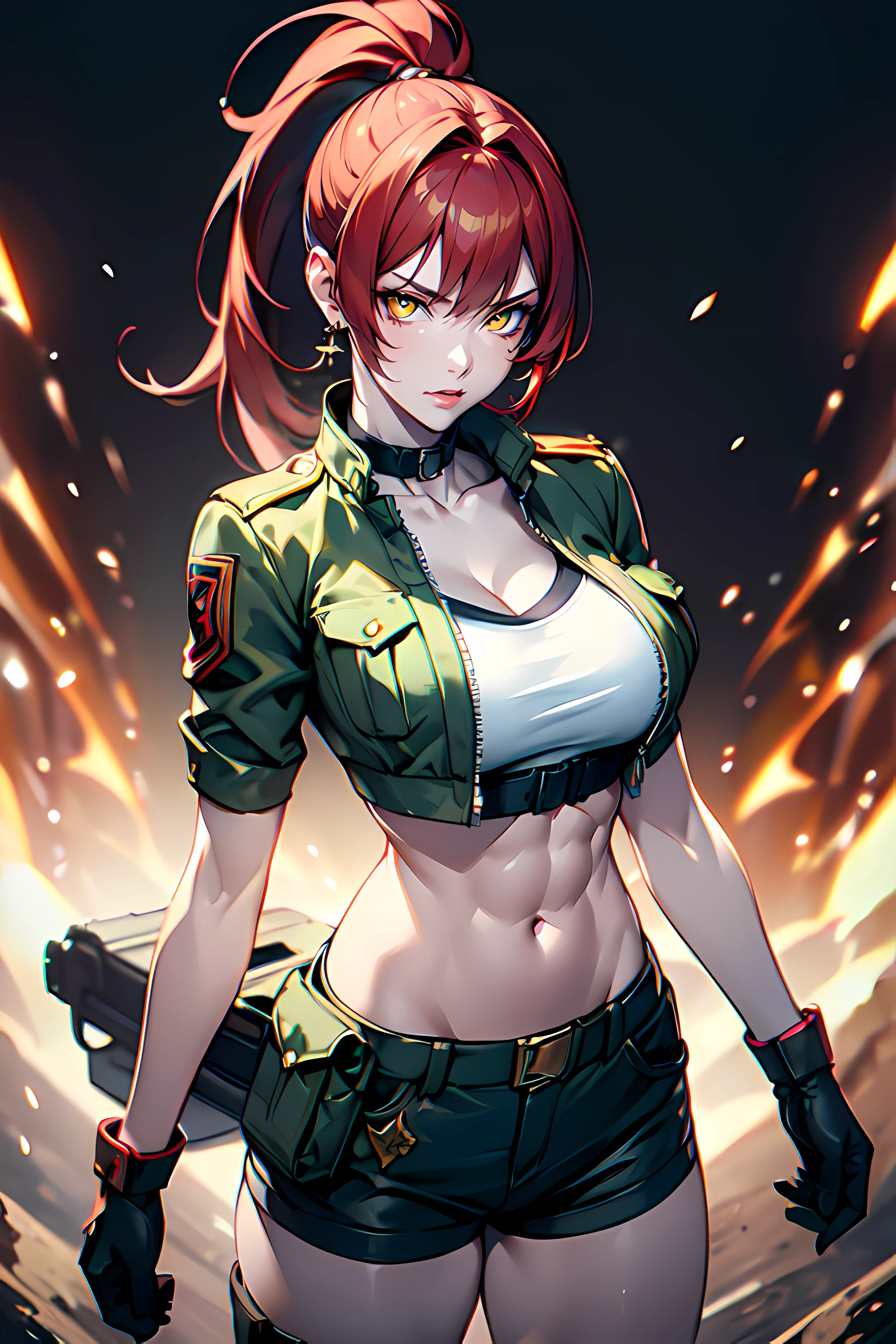 masterpiece,best quality, unreal engine, ultra res, extremely detailed,
1girl, large breasts, waist, slender, (muscular:1.2)
<lora:Character_ort_leona_heidern_v1.0:0.7>
leona heidern,jewelry,triangle earring, dog tags,
red hair,ponytail, bangs,
yellow eyes, glowing eyes
military uniform,green jacket, collar, short sleeves, collarbone, 
midriff, crop top,
short shorts, black gloves, 
standing , waist shot
<lora:Concept_Round_Breasts_V7:0.>ROUND BREASTS, large BREASTS
<lora:Style_hews_style:0.> <lora:Style_cutesexyrobutts_v2:0.>
<lora:Style_puuzaki-puuna-lora-v1:0.> <lora:Style_anmnr01AOM3A1:0.>